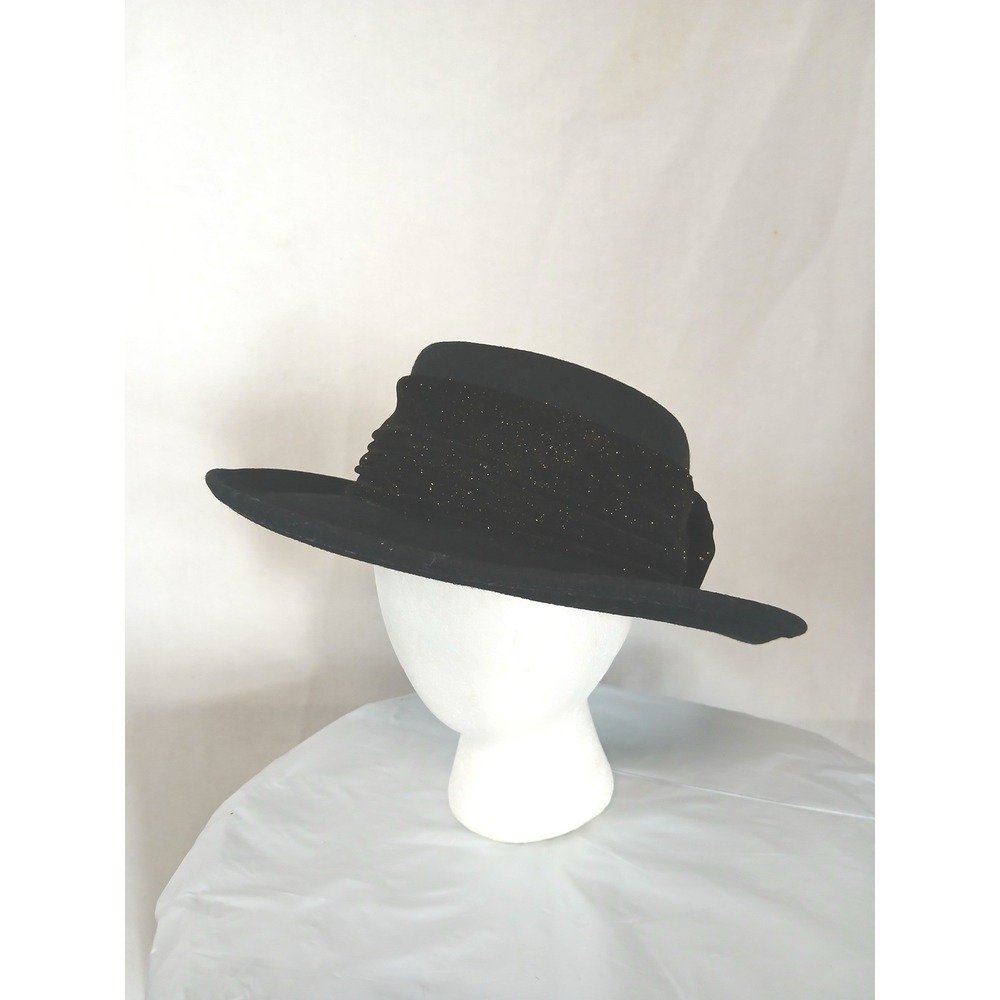 VTG 80s 90s Betmar New York 100% Wool Black Cloche Hat Metallic Sparkle Band USA